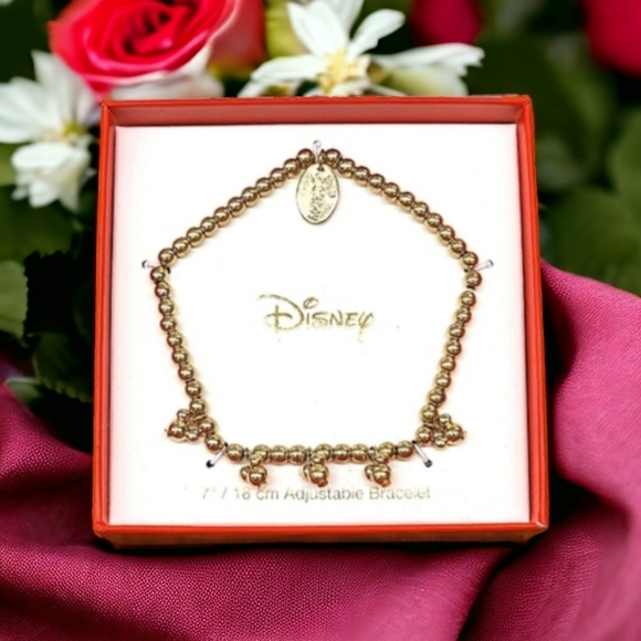 DISNEY Beaded Stretch Bracelet  with 5 Mickey Mouse heads In gold-tone beads NIB - Picture 1 of 3